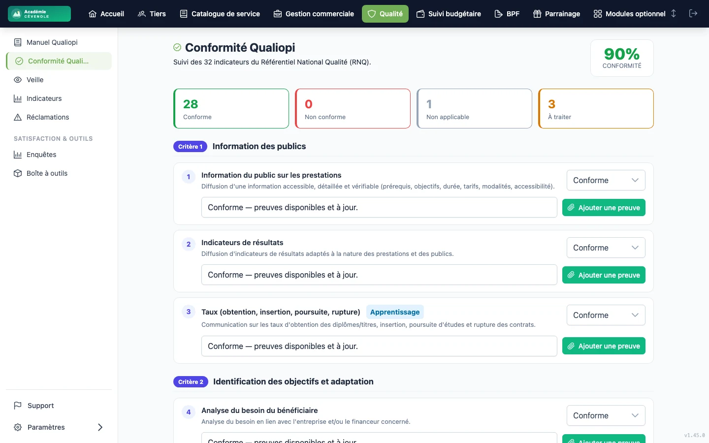 Écran Conformité Qualiopi de CertiGestion : suivi des 32 indicateurs du Référentiel National Qualité, répartis entre conformes, non conformes, non applicables et à traiter, chaque indicateur portant son commentaire et un bouton d'ajout de preuve (données fictives de démonstration).